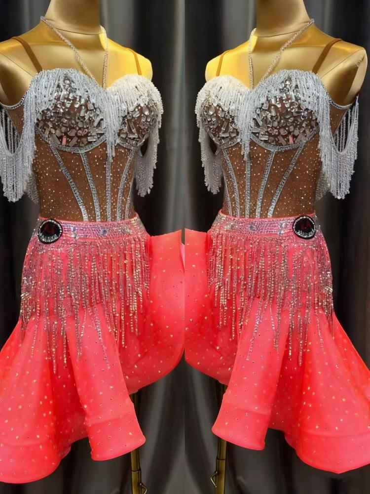 Custom Size Women's Latin Dance Dress Stage Performance Orange Crystal Split Fish Bone Skirt