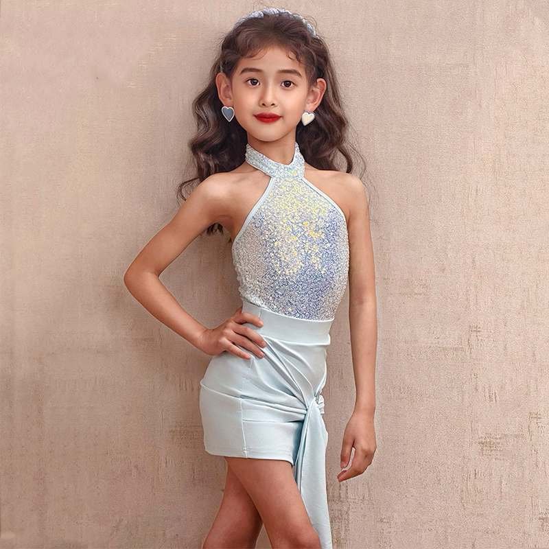 Girls Latin Dance Dresses Silver Blue Pink Sequins Irregular Skirt Party Salsa Latin Performance Costumes for Kids