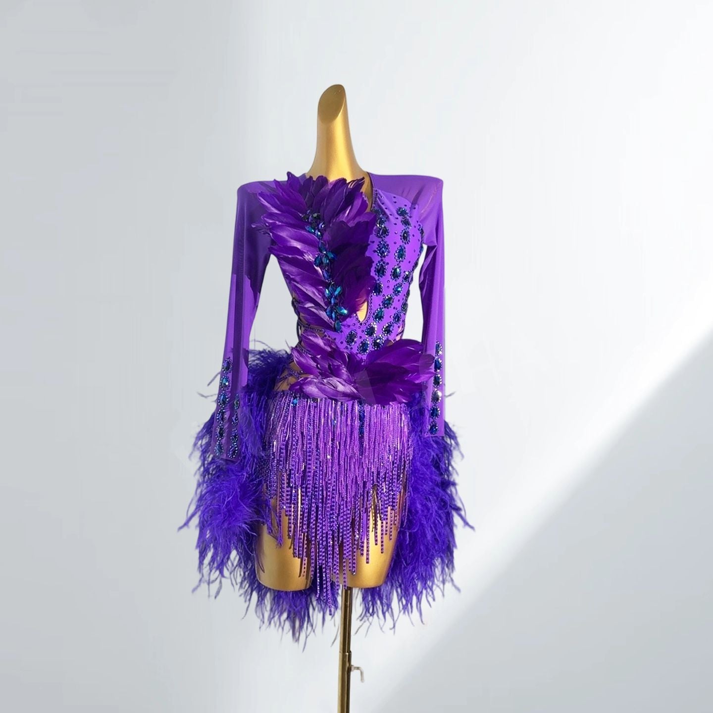 Custom Size Violet Feather Latin Dance Dresses for Women Girls Salsa Rumba Chacha Latin Dance Costumes