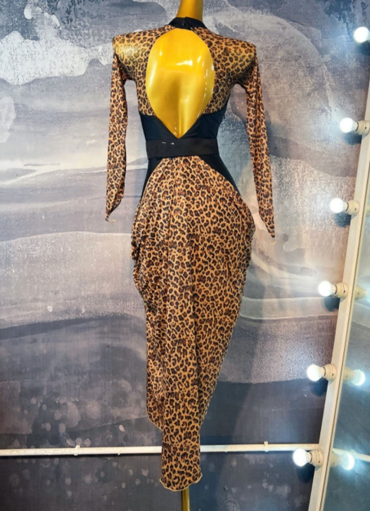 Custom Size Leopard Cutout Latin Dance Dress Irregular Hem Long Rumba Samba Performance Outfit