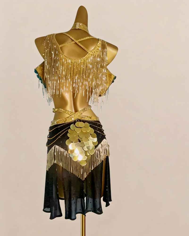 Custom Gold Fringe Latin Dance Dress, Sequin Women's Samba Rumba Cha Cha Performance Rhythm Dancewear