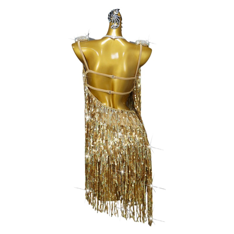 Gold Sequin Fringe Latin Dance Dresses for Women Girls Slant Neck Salsa Rumba Chacha Dance Skirts