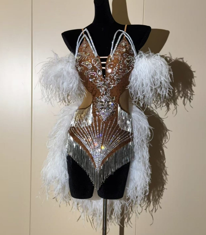 Custom Coffee White Competition Latin Dance Dress Samba Salsa Costume with Feathers Crystals