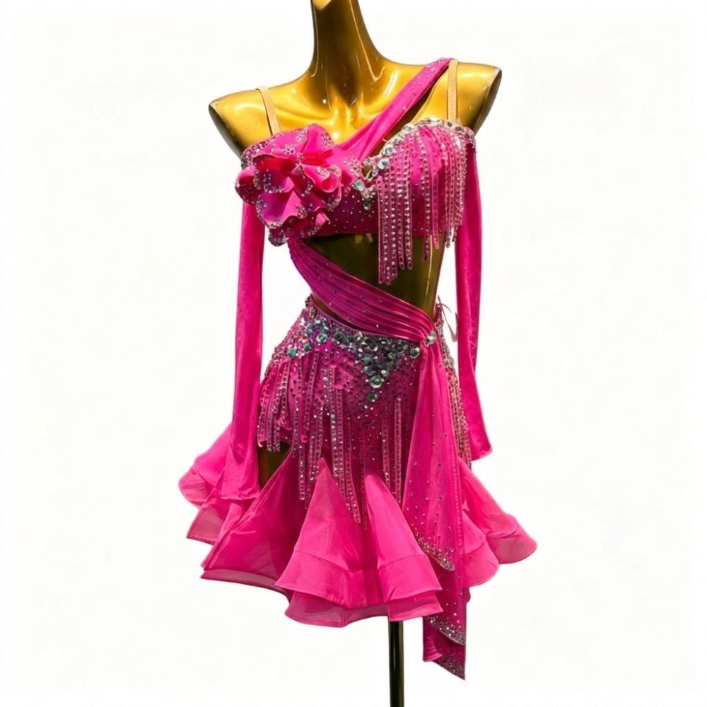 Custom Size Turquoise Fuchsia Latin Dance Dress Bling Tassel Slant Neck Blackpool Competition Costume