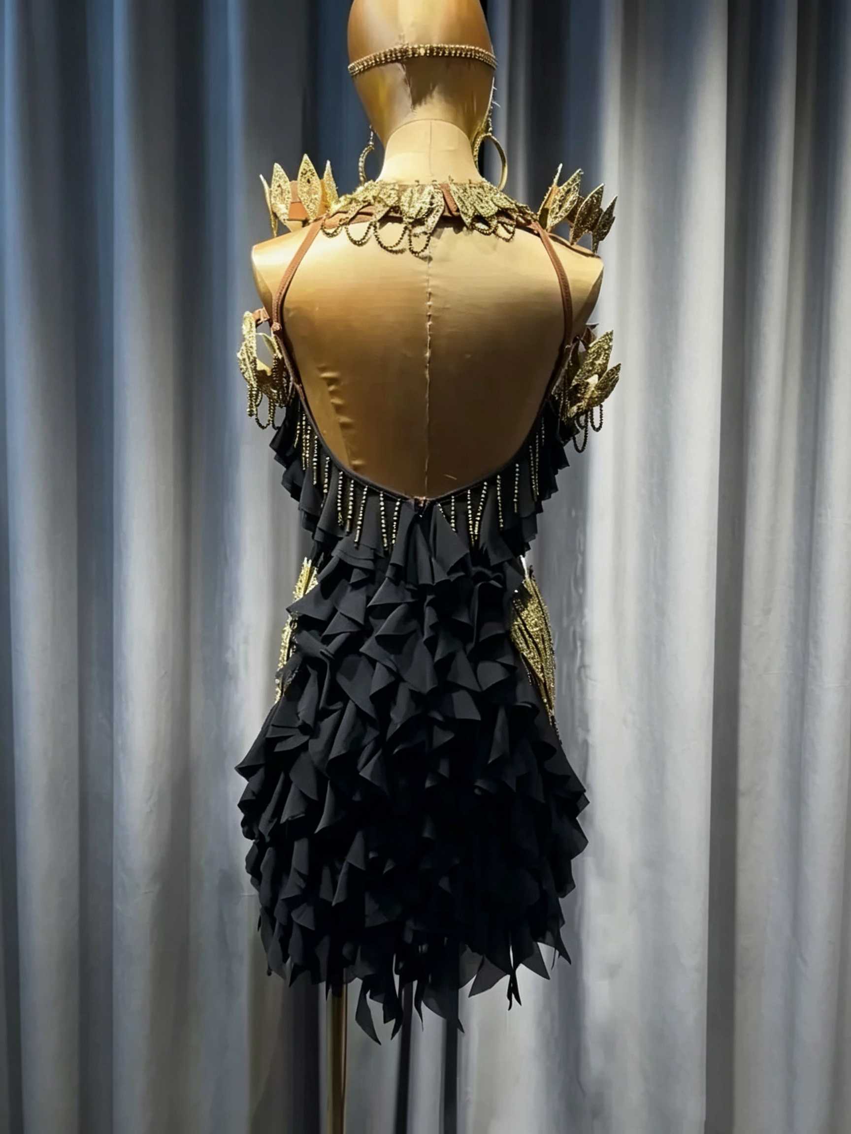 Custom Black & Gold Latin Dance Dress - Rhinestone Rhythm Competition Gown