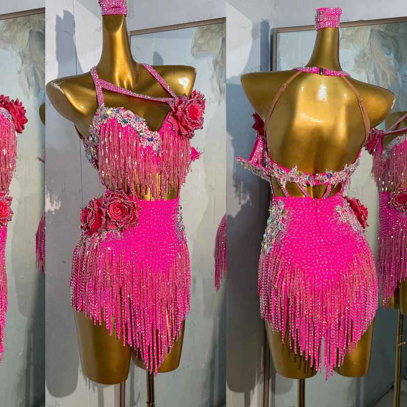 Custom Size Hot Pink Latin Dance Dresses for Women Girls Salsa Rumba Blackpool Competition Costumes - Moderndancedress.com