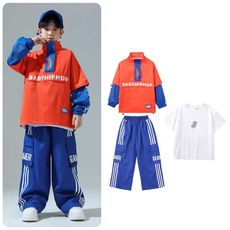 Girls Boys Hip Hop Jazz Dance Costumes Orange Blue Cheerleading Performance Class Uniforms Kids Rapper Singers Gogo Dancers Outfits - Moderndancedress.com