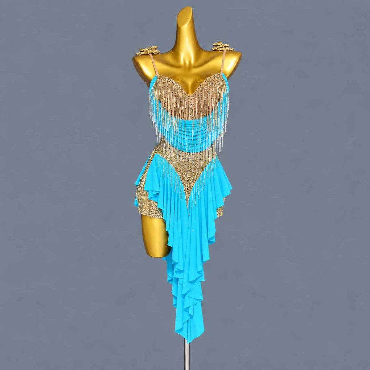 Custom Turquoise Gold Fringe Latin Dance Dress for Competition Salsa Ballroom Gown