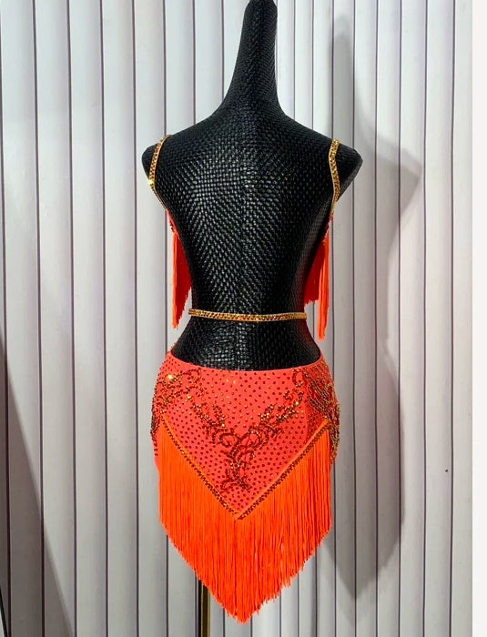 Custom Vibrant Orange Fringe Latin Dance Dress with Crystals Salsa Black Pool Dance Wear