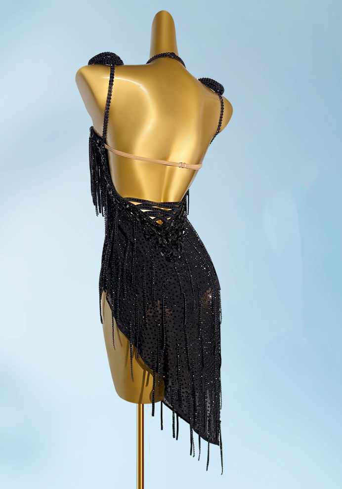 Custom Size Black Rhinestones Latin Dance Dresses for Women Girls Salsa Rumba Chacha Latin Dance Costumes Inclined Skirts