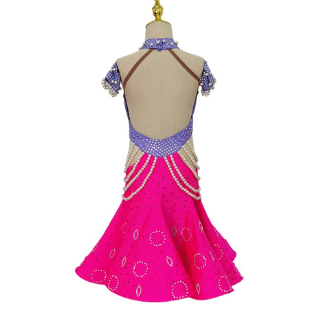 Girls Latin Dance Dresses for Kids Purple Black Pearls Diamond Salsa Rumba Chacha Performance Costumes