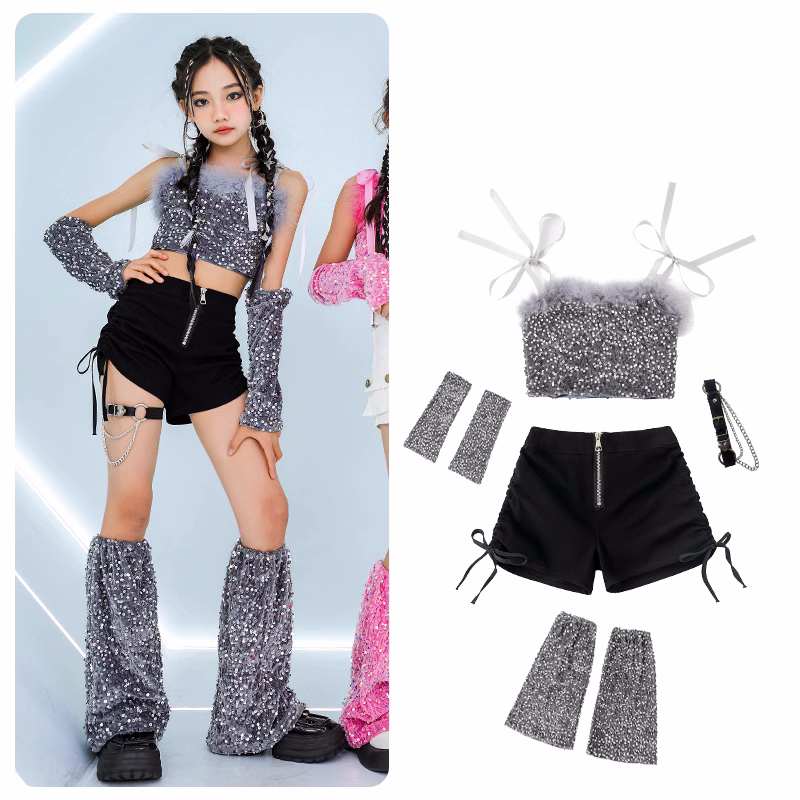 Girls Jazz Dancing Costumes Pink Silver Sequin Glitter Model Catwalk Performance Clothing Rapper Singer Group Dance Outfits for Kids - Moderndancedress.com