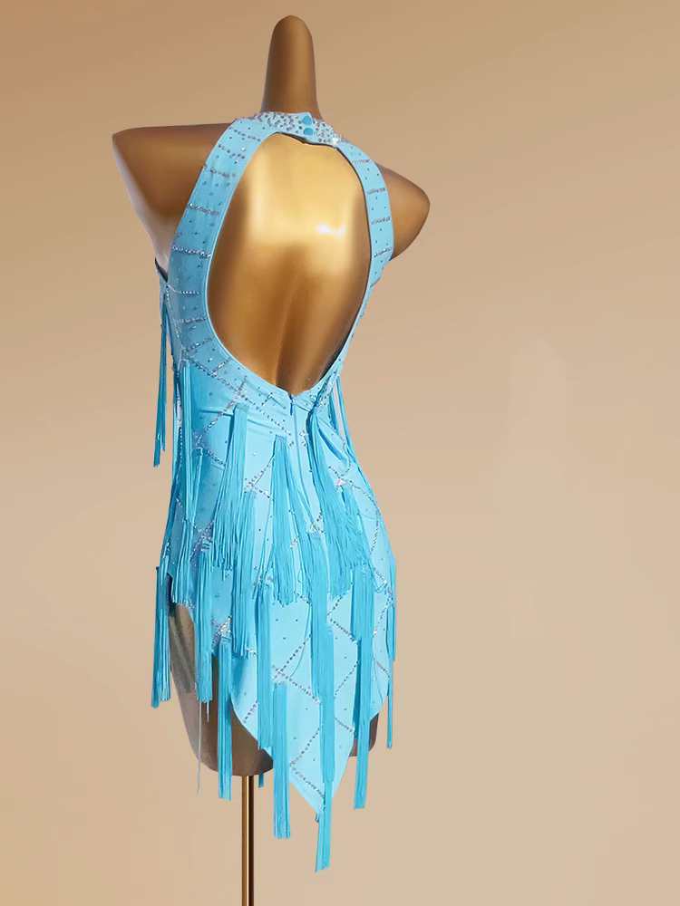 Custom size Turquoise comeptition Tassel Latin Dance dresses for girls women Adult salsa rumba chacha Performance Costume solo dance clothes - Moderndancedress.com