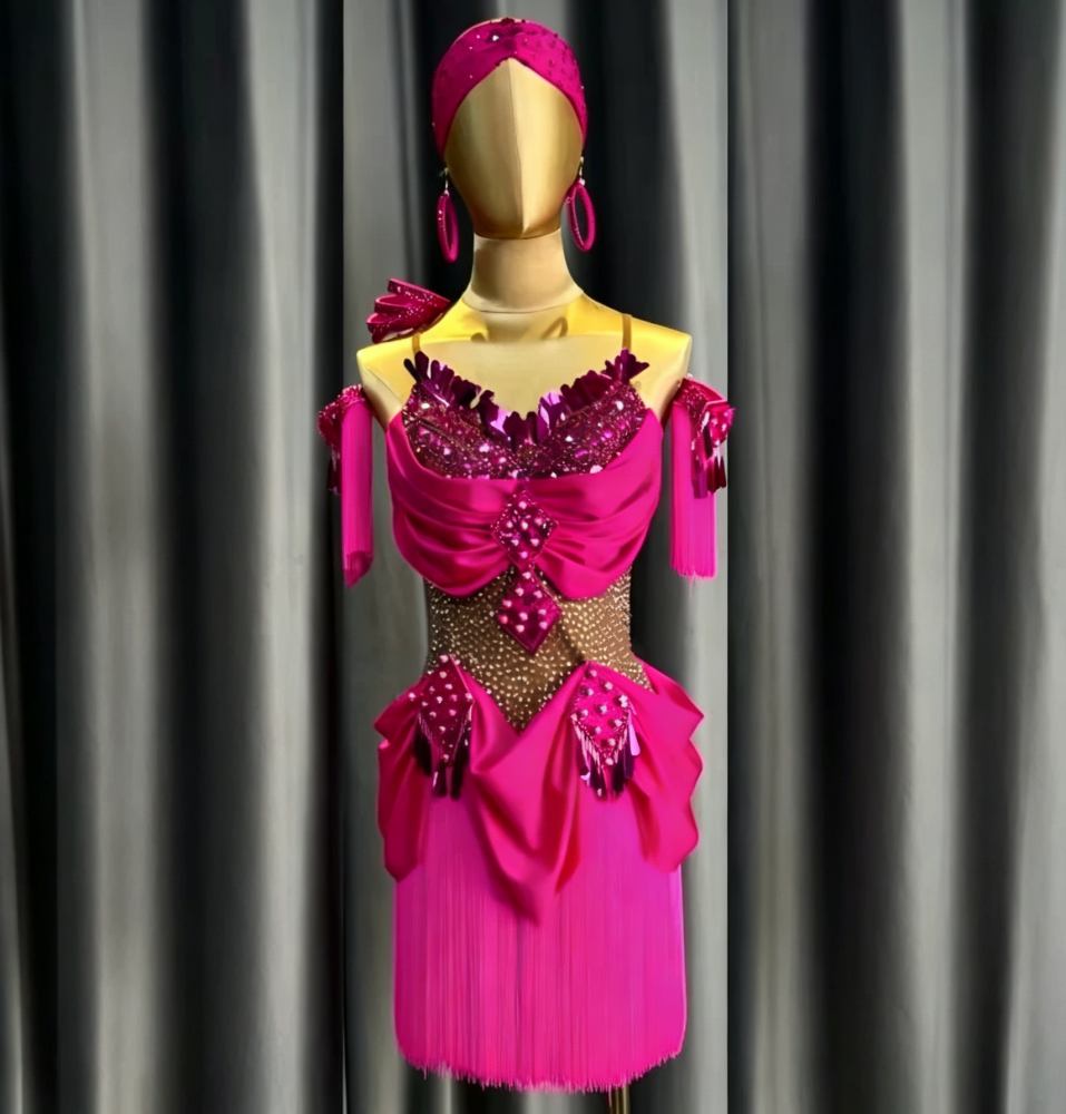 Custom Size Sparkly Turquoise Fringe Latin Dress Fuchsia Salsa & Rumba Dancewear