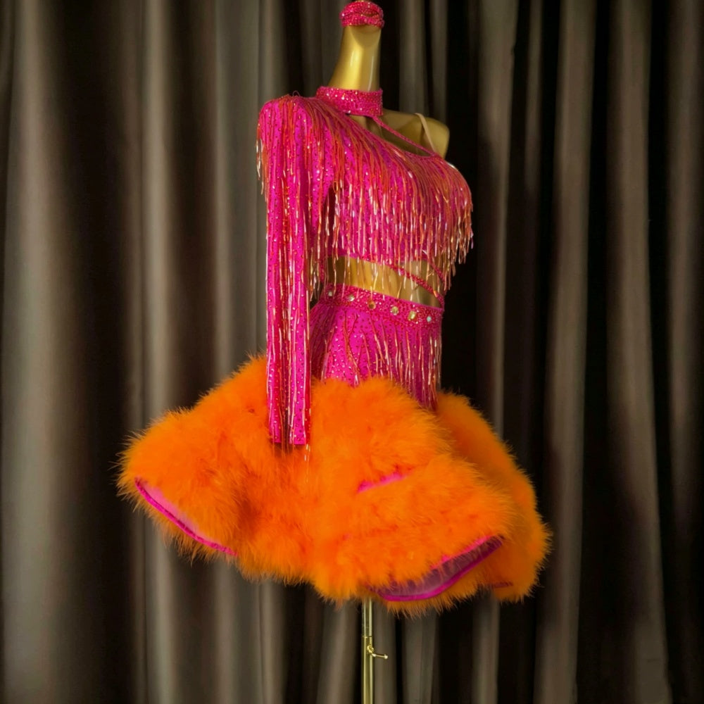 Custom Size Custom Pink & Orange Latin Dance Dress with Feathers Crystals Rhythm Dance Costume