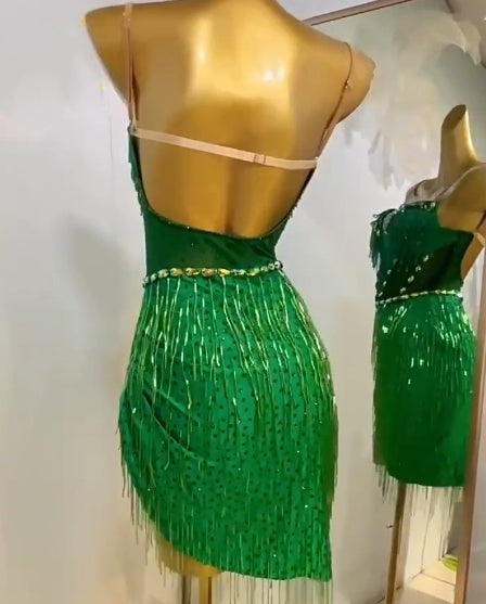 Custom Size Dark Green Latin Dance Dresses for Women Girls Bling Fringe Salsa Rumba Chacha Prom Performance Costumes - Moderndancedress.com