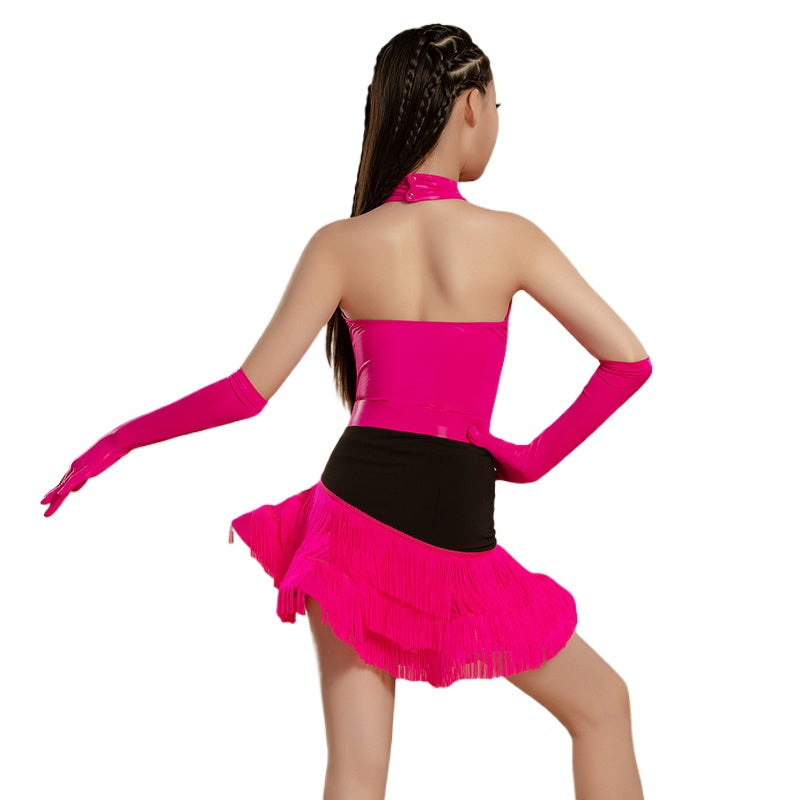 Girls Latin Dance Dresses Pink Wine Fringe Salsa Rumba Performance Costumes for Kids - Moderndancedress.com