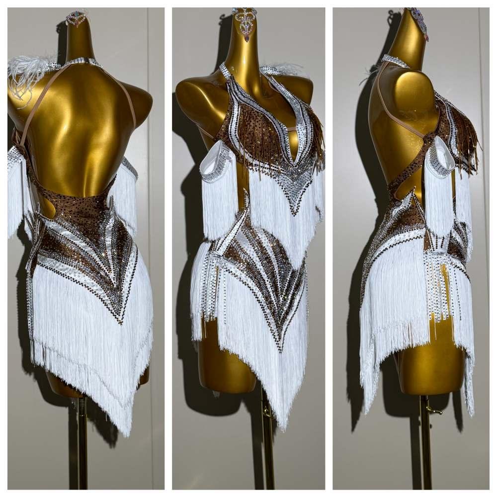 Custom Neon Yellow Latin Dance Dress with Gold Tassels & Crystals