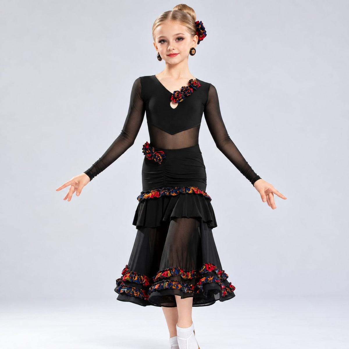 Girls Black Ballroom Latin Dance Dress with Vintage Floral Ruffle Trim