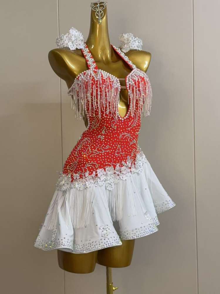 Custom Orange and White Latin Dance Dress - Rhinestone Fringe Salsa Wear