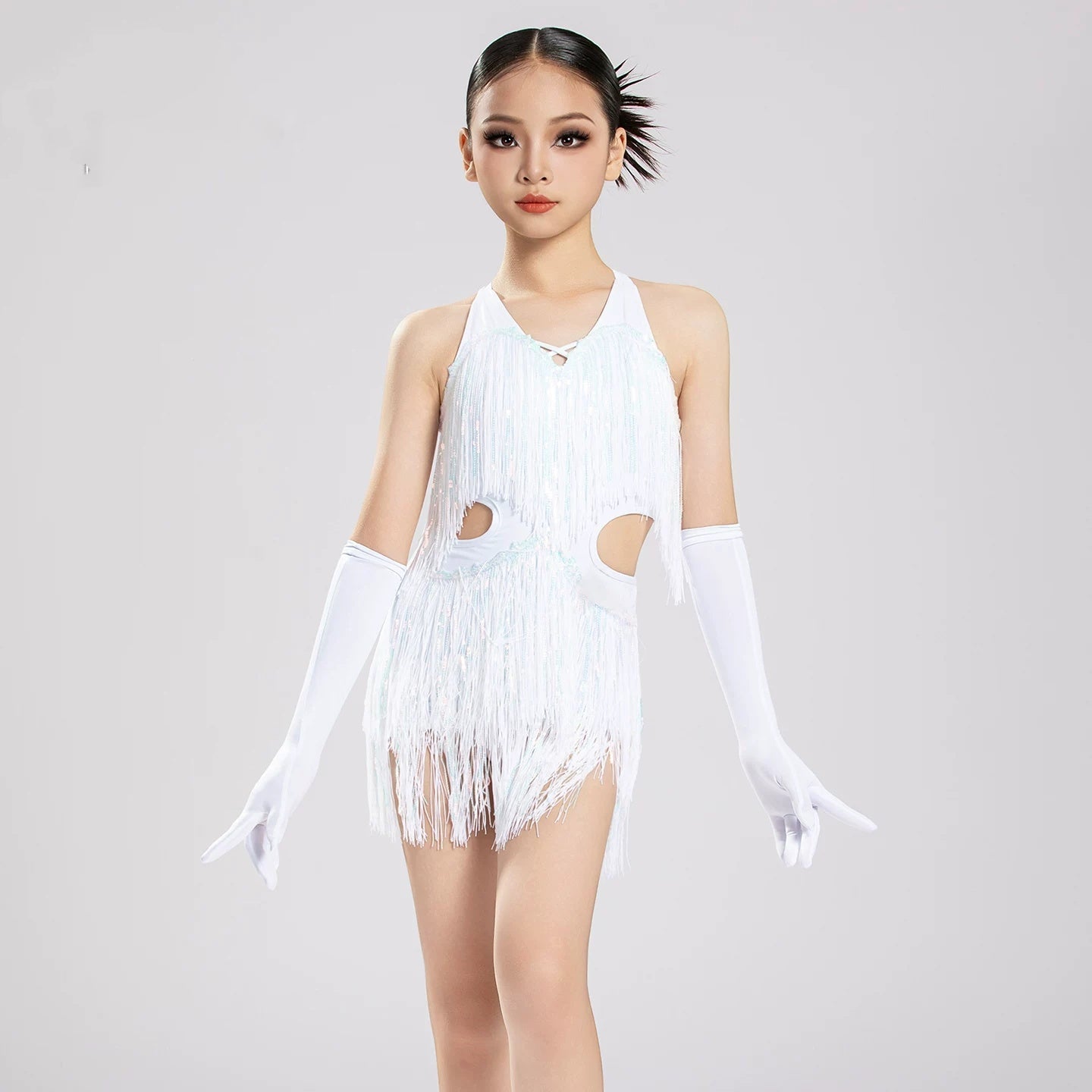 Red Latin Dance Dress for Girls - Shiny Sequin Tassel Ballroom Outfit with Gloves