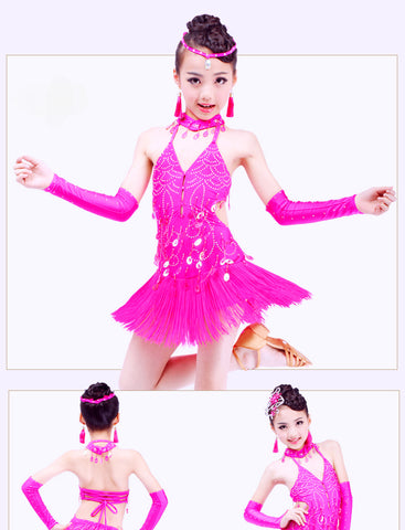 Girls tassel Latin dance dresses fuchsia hot pink violet children's competition cha cha samba Latin dance outfits for kids - Moderndancedress.com