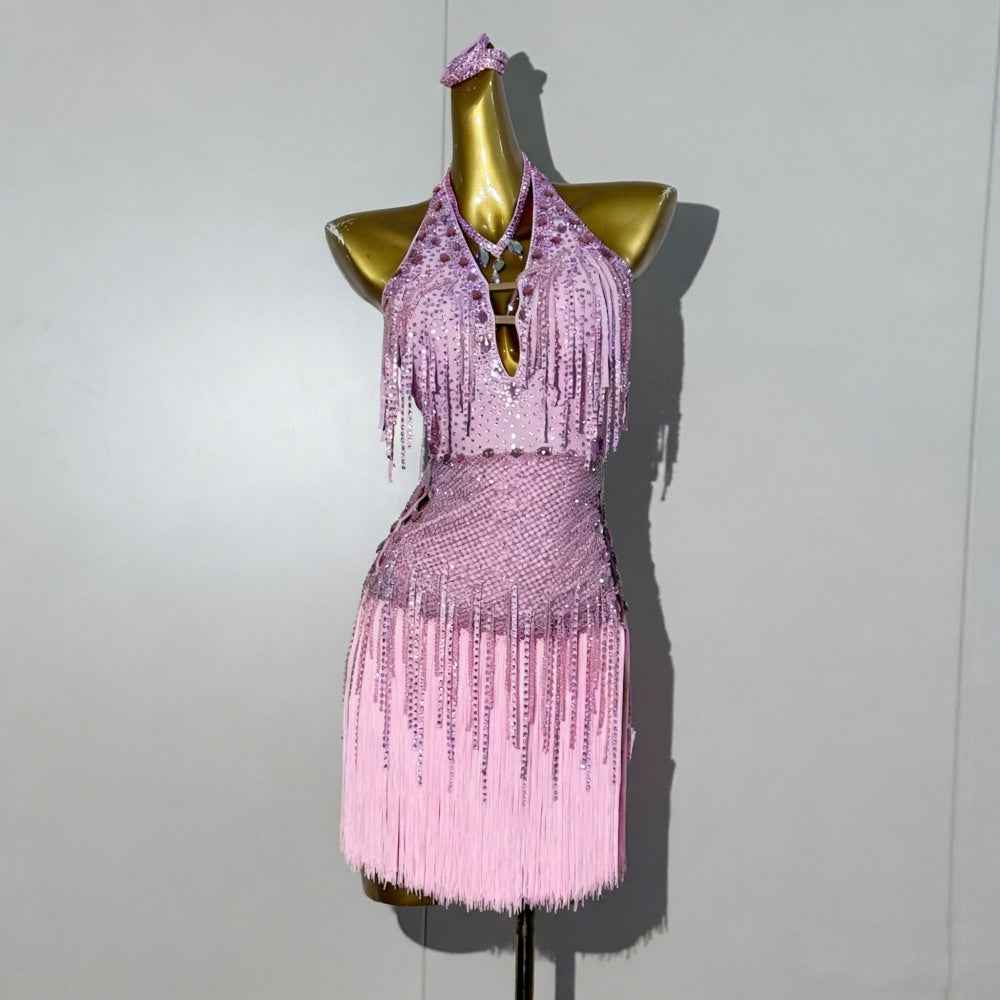 Custom Size Hot Pink Latin Dance Dress for Women Professional Competition Performance Outfit with Tassels