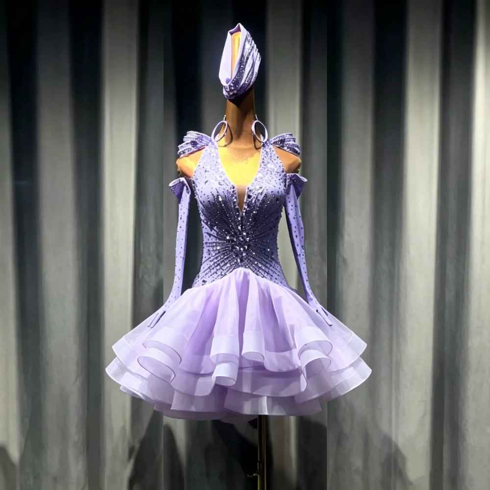 Custom Crystal Blue Latin Dance Dress - Hot Pink Rhinestone Ballroom Competition Dress