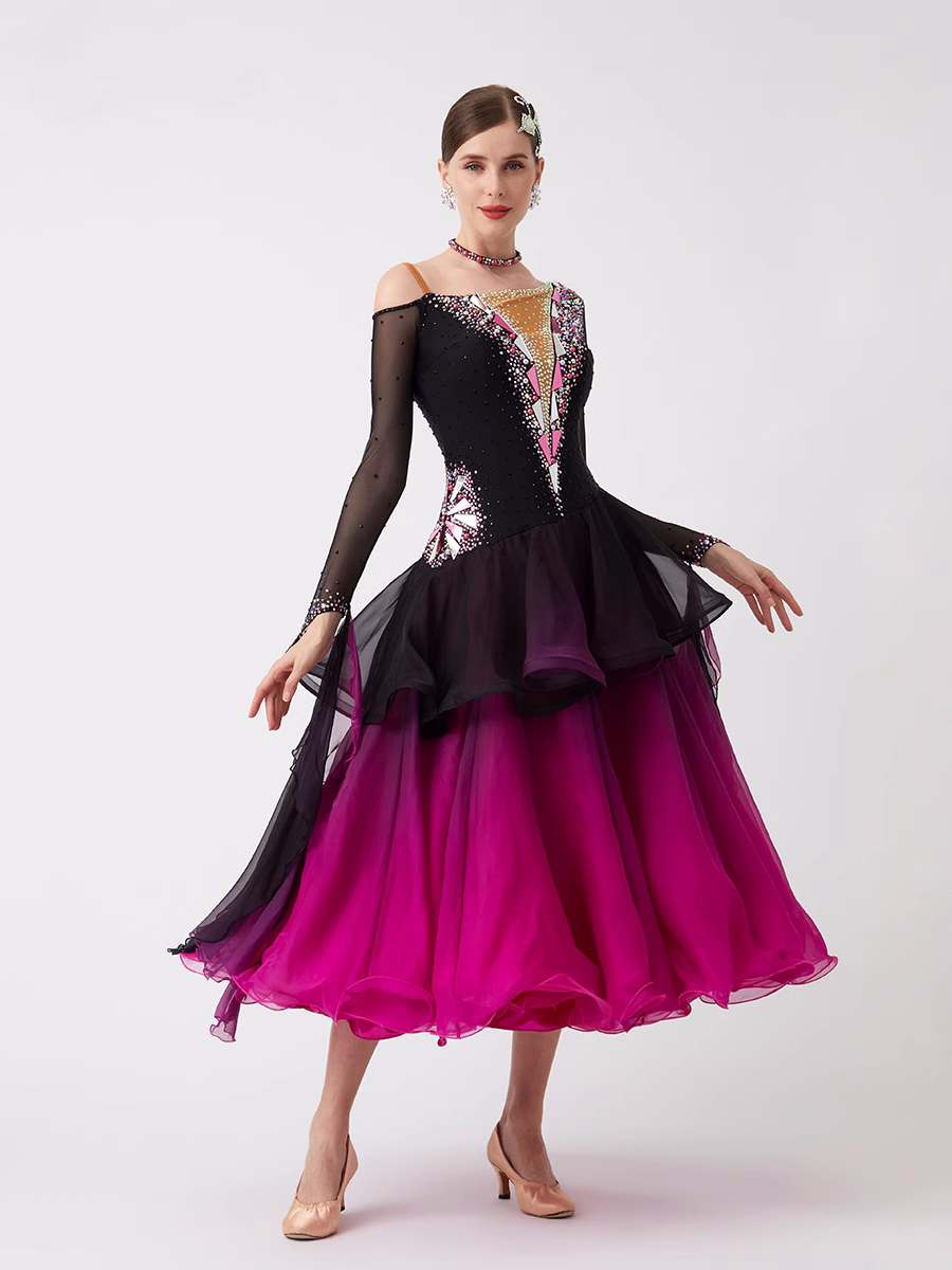 Custom Size Competition Ballroom Dance Dresses for Women Girls Fuchsia Black Waltz Tango Performance Long Gown - Moderndancedress.com