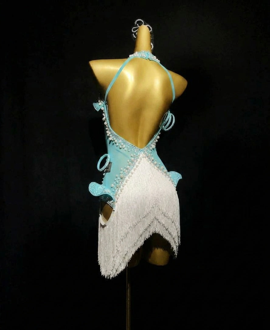 Custom Light Blue & White Fringe Latin Dress Fuchsia Rhythm Costume