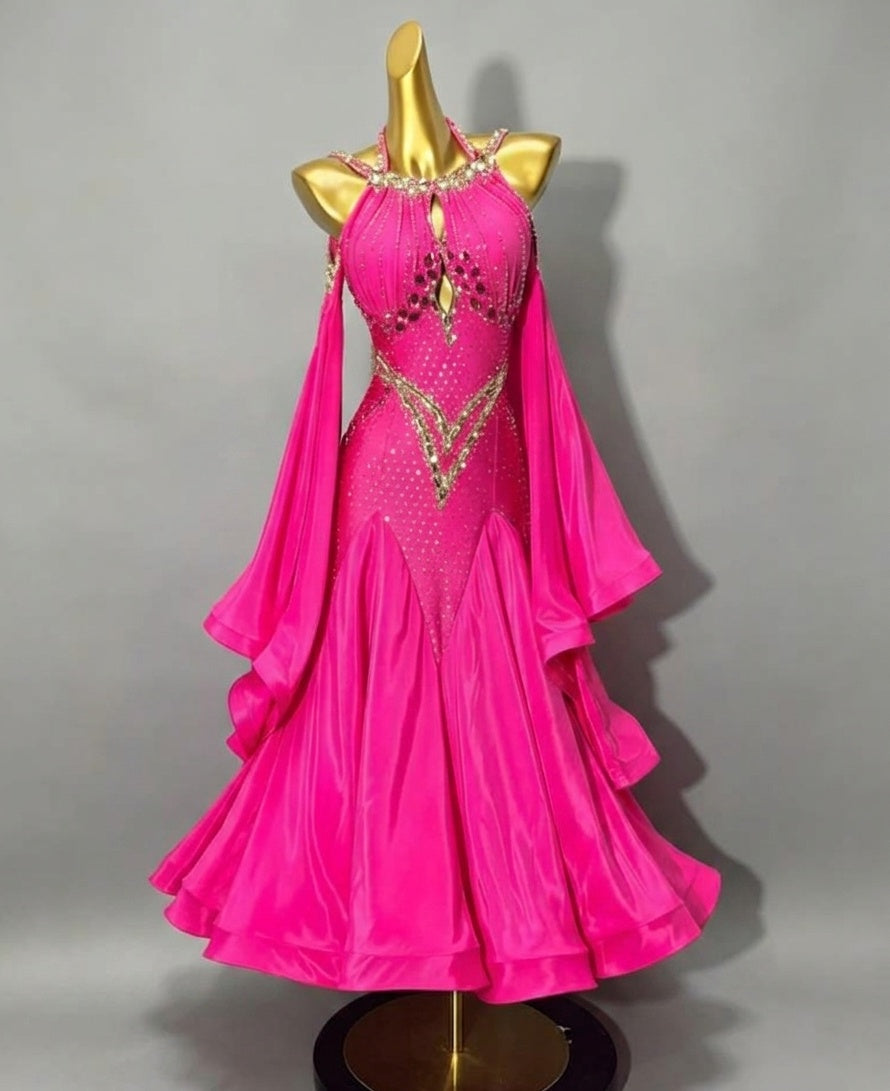 Custom Size Turquoise Fuchsia Crystal Ballroom Dance Dress for Women Waltz Smooth Dance Gown