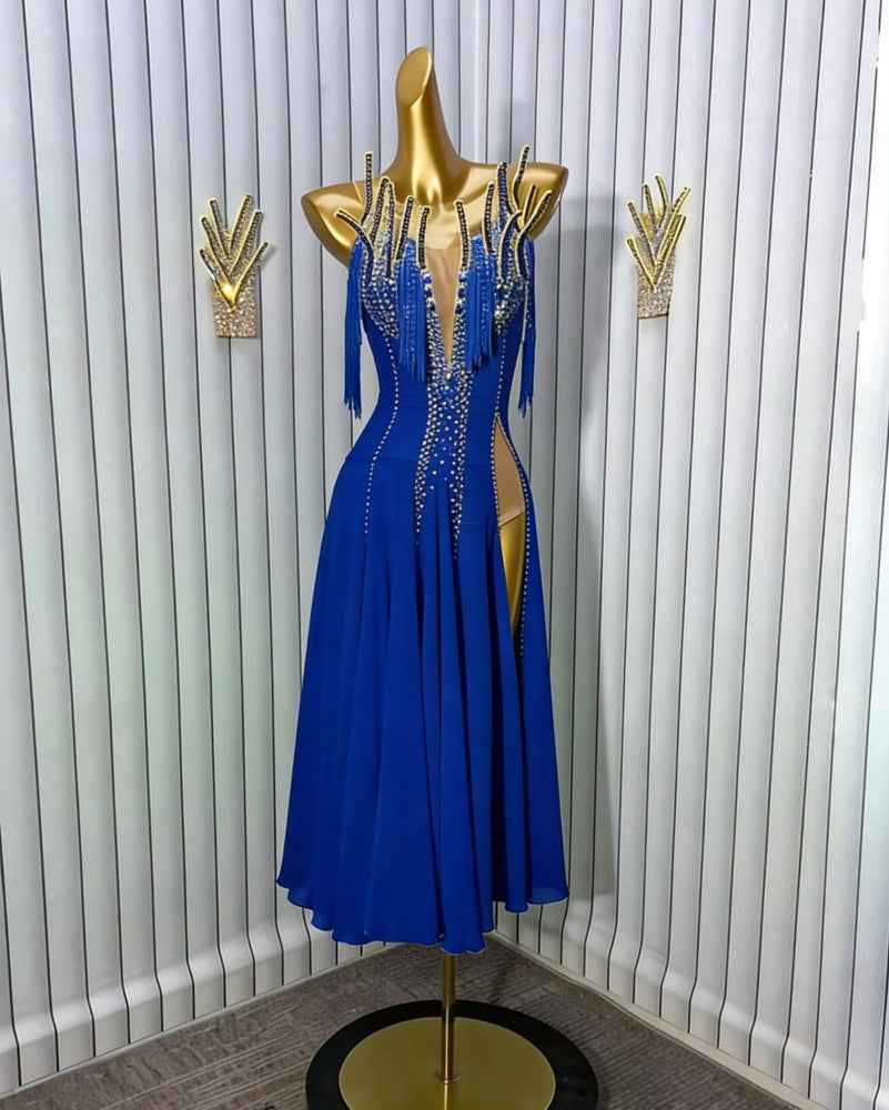 Custom Size Turquoise Blue American Smooth Dance Dresses-Flowing Competition Dress with Deep Open Back Side Slits