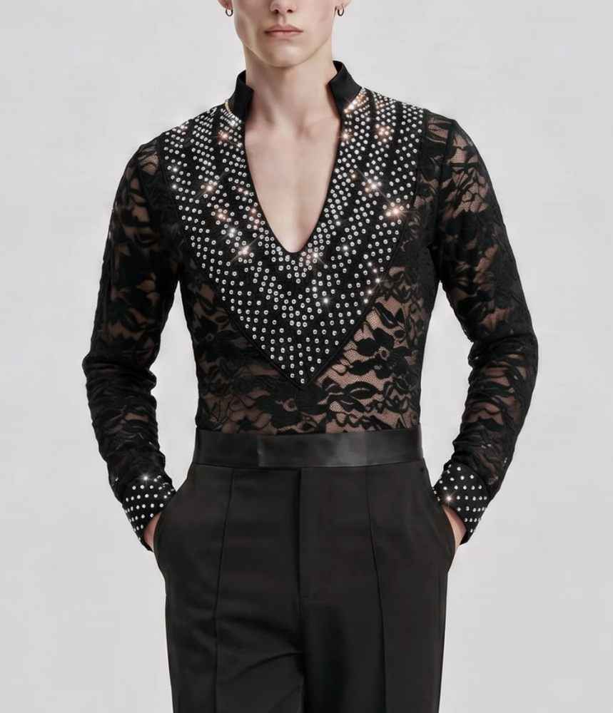 Custom Size Men's Black Red Lace Latin Dance Shirt - Rhinestone V-Neck Stage Top