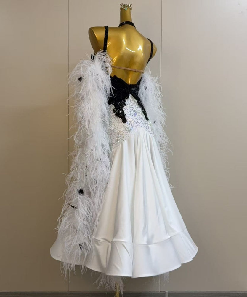 Custom Black and White Ballroom Dance Dress with Ostrich Feathers & Crystals Smooth Dancing Gown