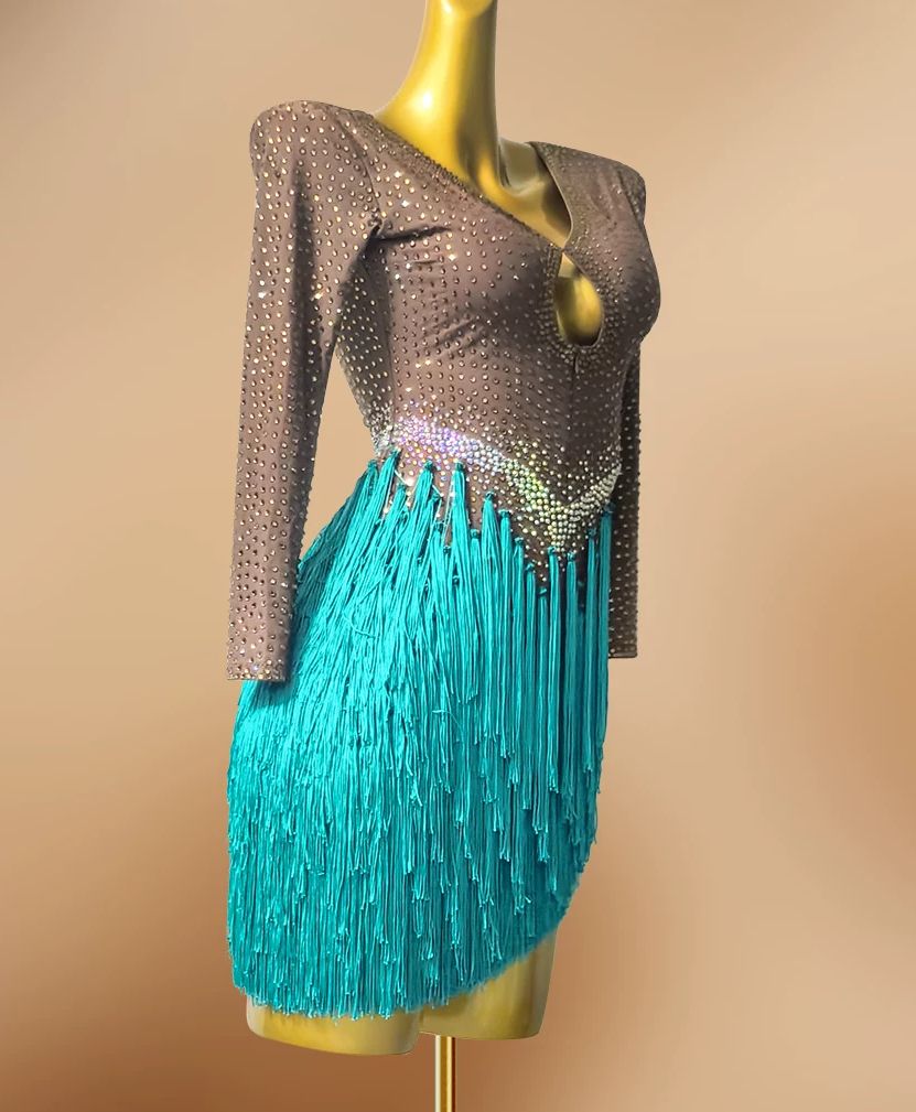 Custom Brown & Neon Yellow Latin Dance Dress Long Sleeve Salsa Gown
