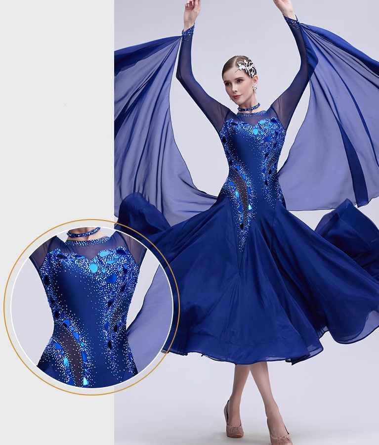 Custom Size Competition Ballroom Dance Dresses for Women Blue Standard Waltz Tango Performance Long Gown