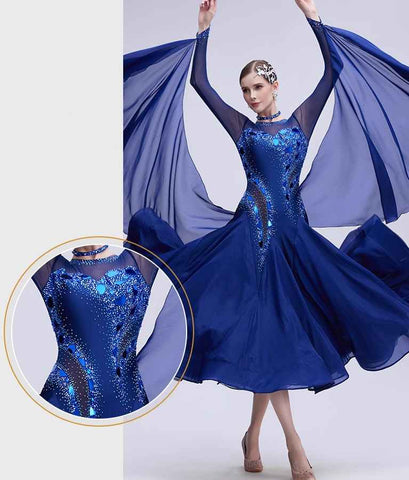 Custom Size Competition Ballroom Dance Dresses for Women Blue Standard Waltz Tango Performance Long Gown