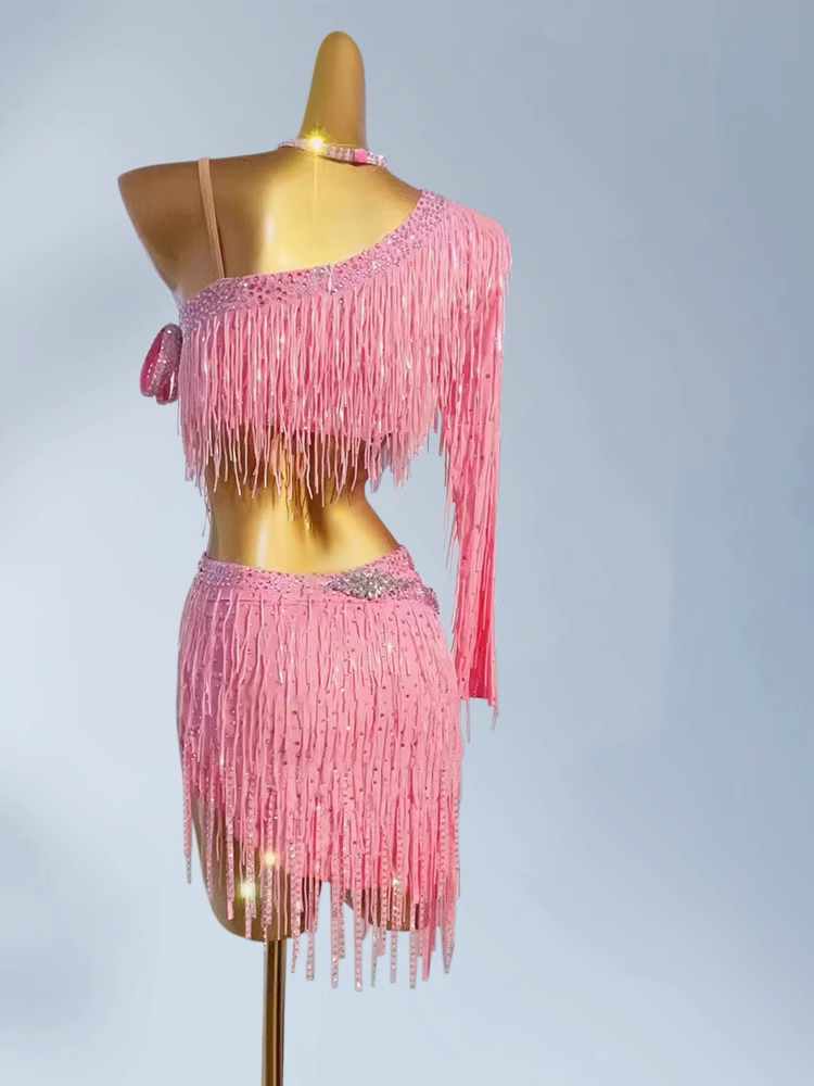 Custom Size Latin Dance Dresses for Women Girls Red Pink Bling Fringe Salsa Rumba Chacha Blackpool Dance Wear - Moderndancedress.com