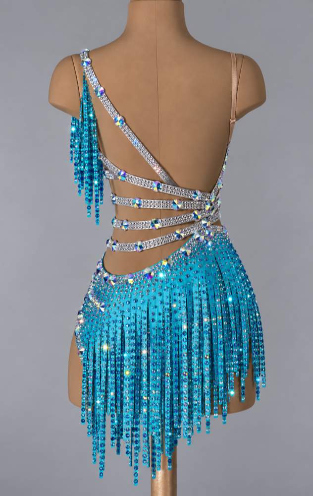 Custom Orange Aqua Blue Latin Dance Dress Competition Crystal Salsa Rhythm Gown