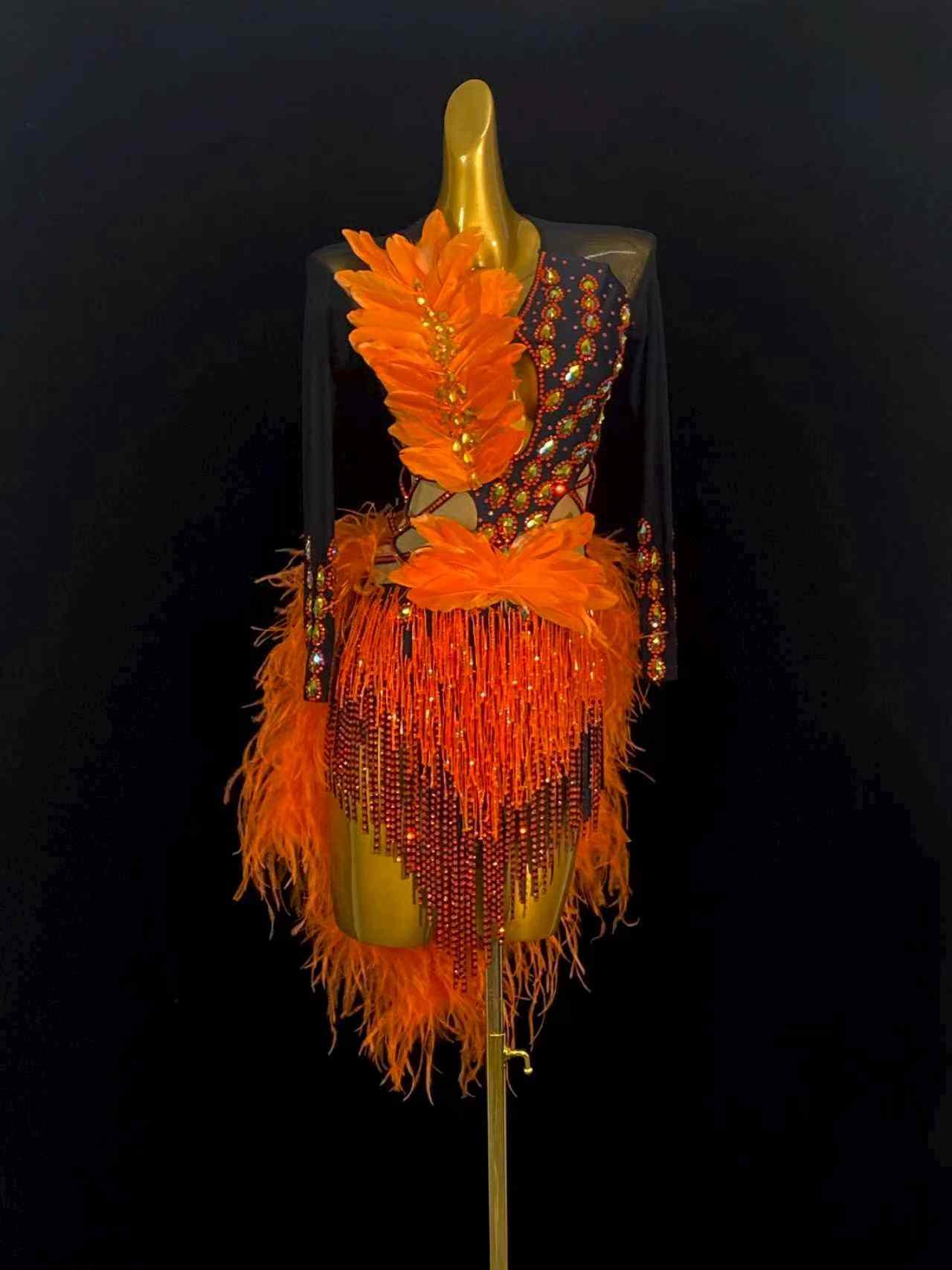 Custom Size Latin Dance Dresses  for Women Orange Feather Salsa Rumba Chacha Samba Latin Dance Skirt Performance Costumes