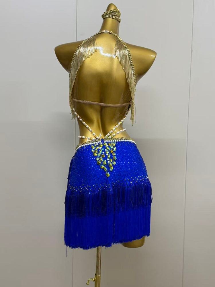 Custom Blue Orange Latin Dance Dress with Gold Fringe & Crystals