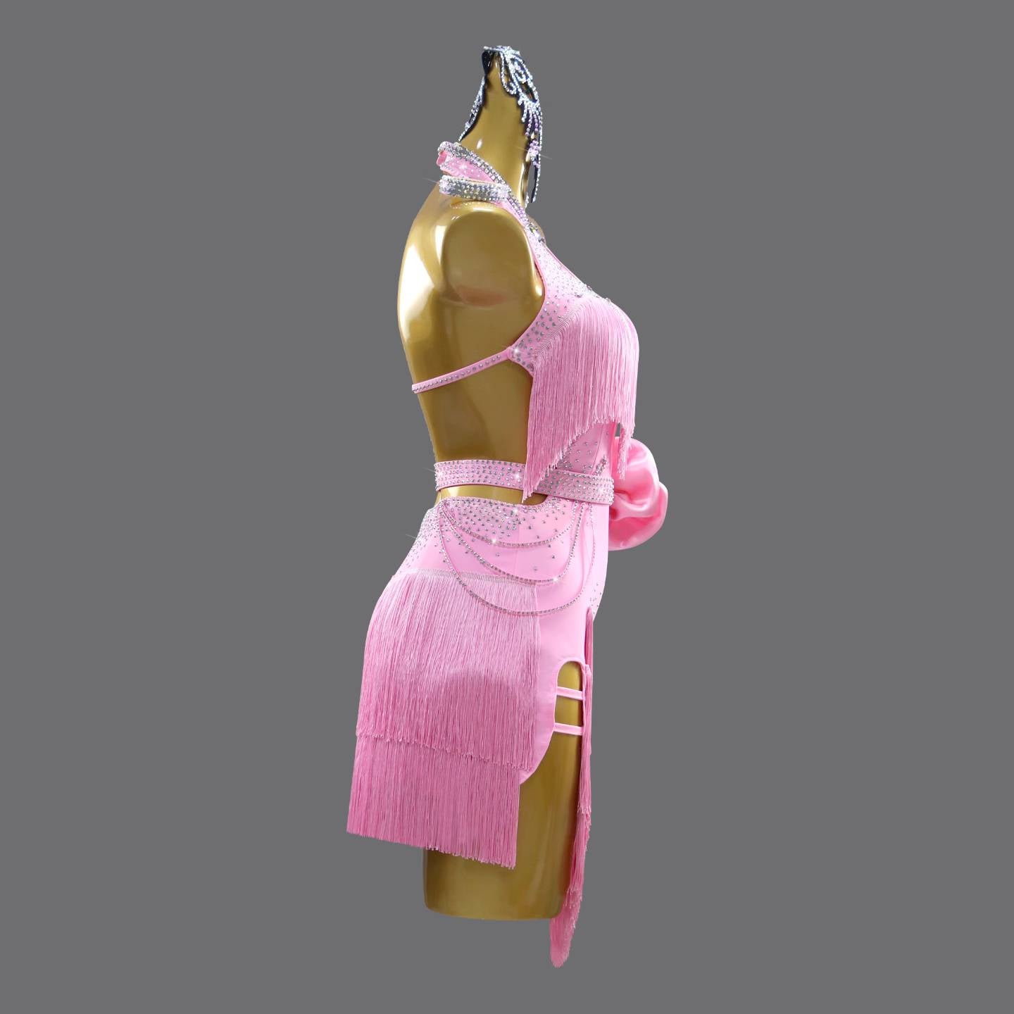Pink Fringe Latin Dance Dress for Women Girls Diamond Salsa Rumba Chacha Ballroom Competition Costumes - Moderndancedress.com