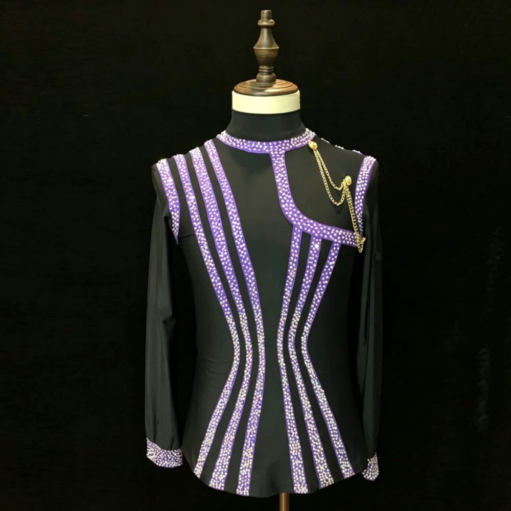 Custom Size Black with Purple Stripe Competition Latin Ballroom Dance Shirts for Men