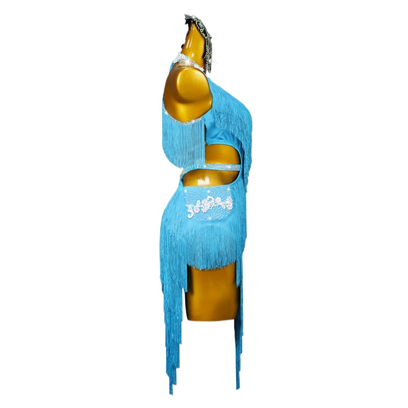 Turquoise Fringe Latin Dance Dresses for Women Girls Salsa Rumba Latin Ballroom Performance Outfits