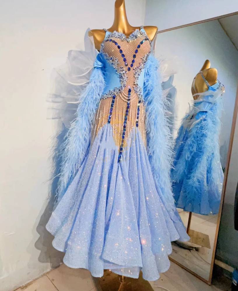 Custom Size Blue Ostrich Feather Competition Ballroom Dance Dresses for Women Waltz Tango Dancing Long Gown