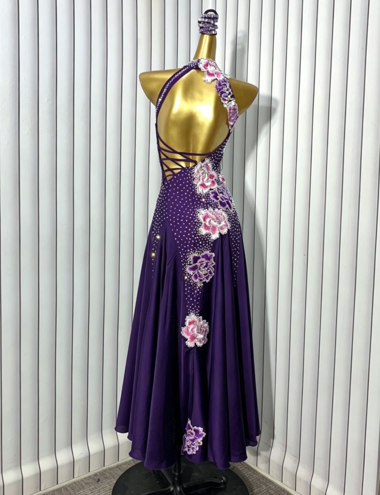 Custom Size Dark Purple American Smooth Dance Dress Competition Floral Ballroom Dance Gowns