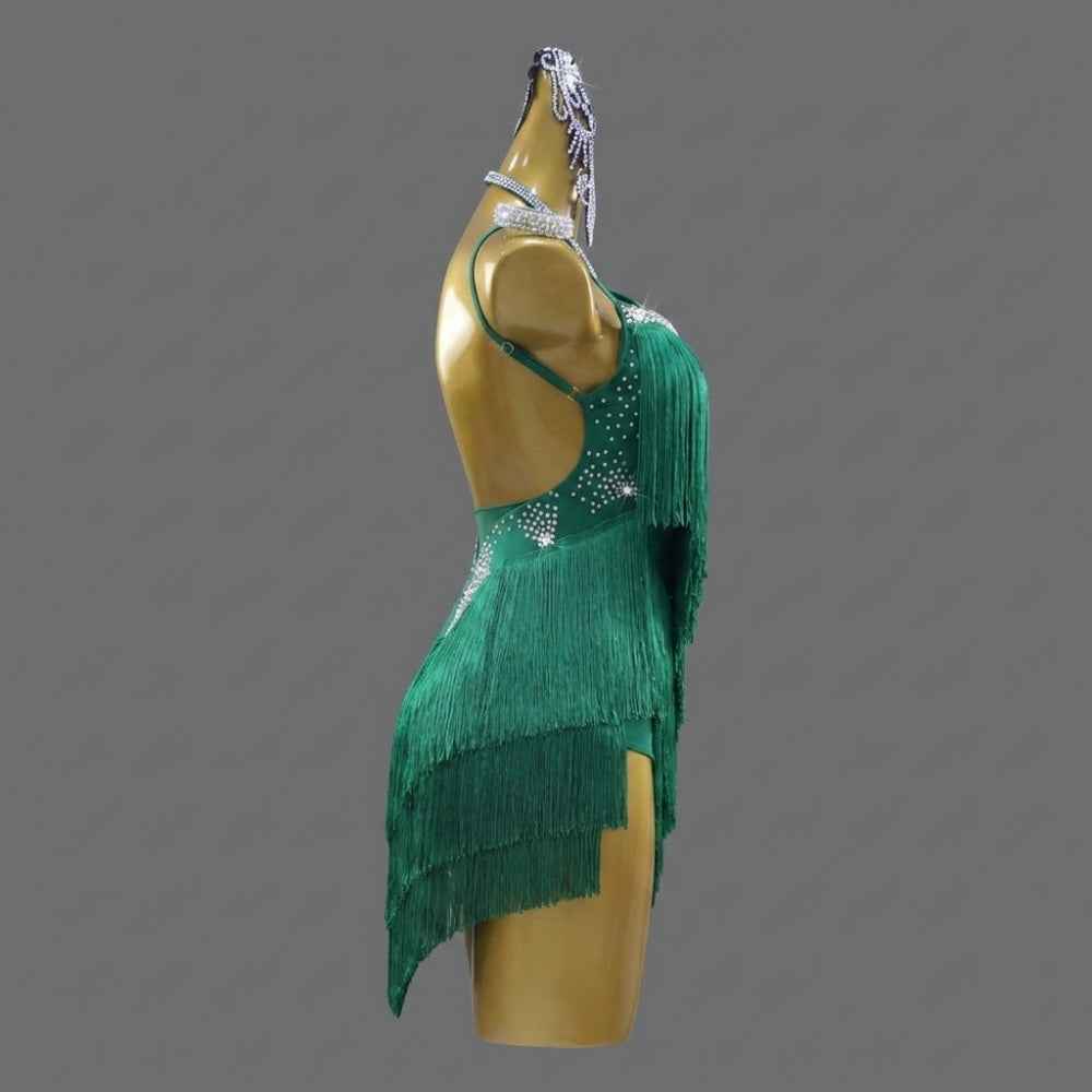 Custom Size Emerald Green Fringe Latin Dance Dress - Backless Spaghetti Strap Rhinestone Competition Outfit