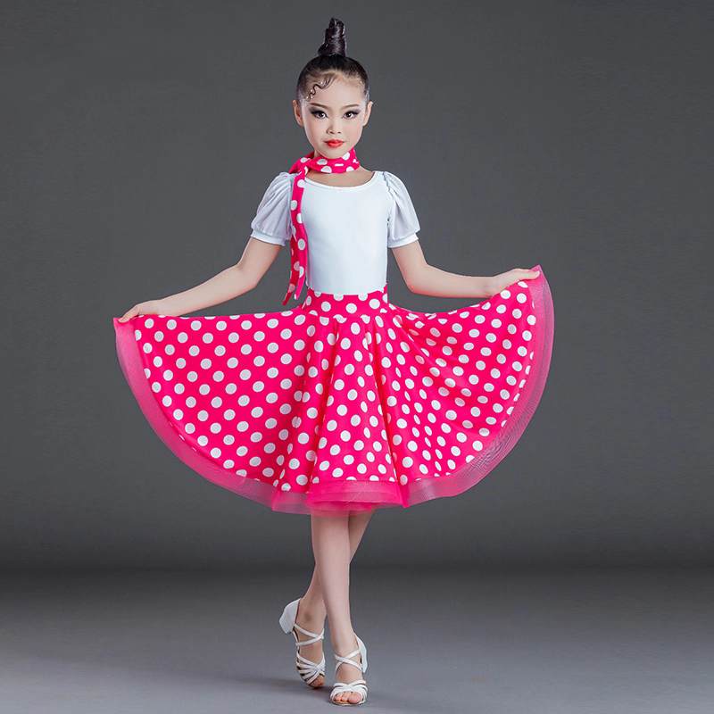 Girls Latin Dance Dresses Kids Black Pink Polka Dot  Ballroom Salsa Latin Costumes for Teen Competition Performance