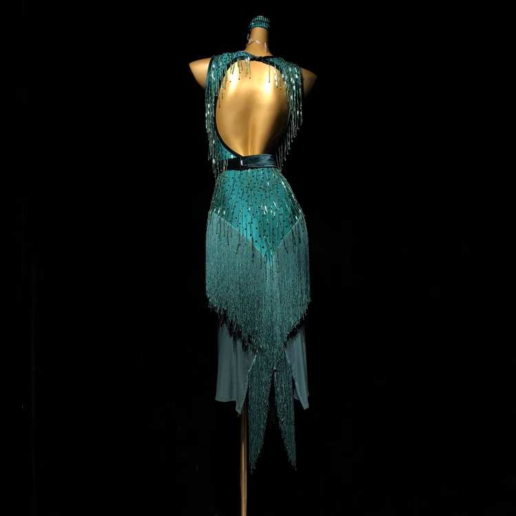 Custom Size Bling Latin Dance Dresses Dark Green Salsa Rumba Chacha Latin Dance Performance Costume