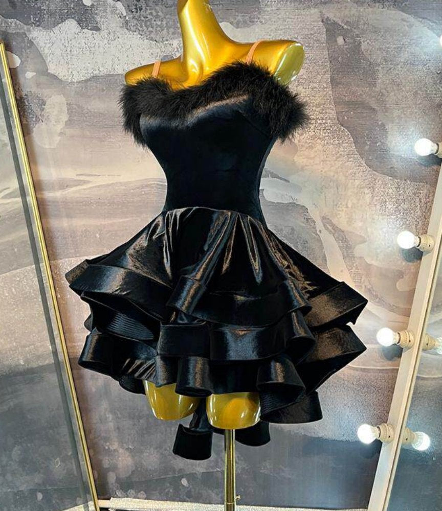 Custom Size Black Velvet Feather Latin Dress - Professional Tiered Ruffle Skirt